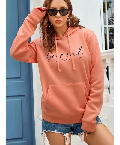 Women's Letter Graphic Print Long Sleeve Drawstring Hoodie Pullovers Sweatshirts with Pocket Coral Orange $13.49 Hoodies & Sw...