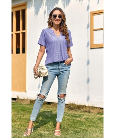 Women's 3/4 Sleeve Tops Eyelet Dressy Casual V Neck Blouses T Shirts 01-purple $17.09 Blouses