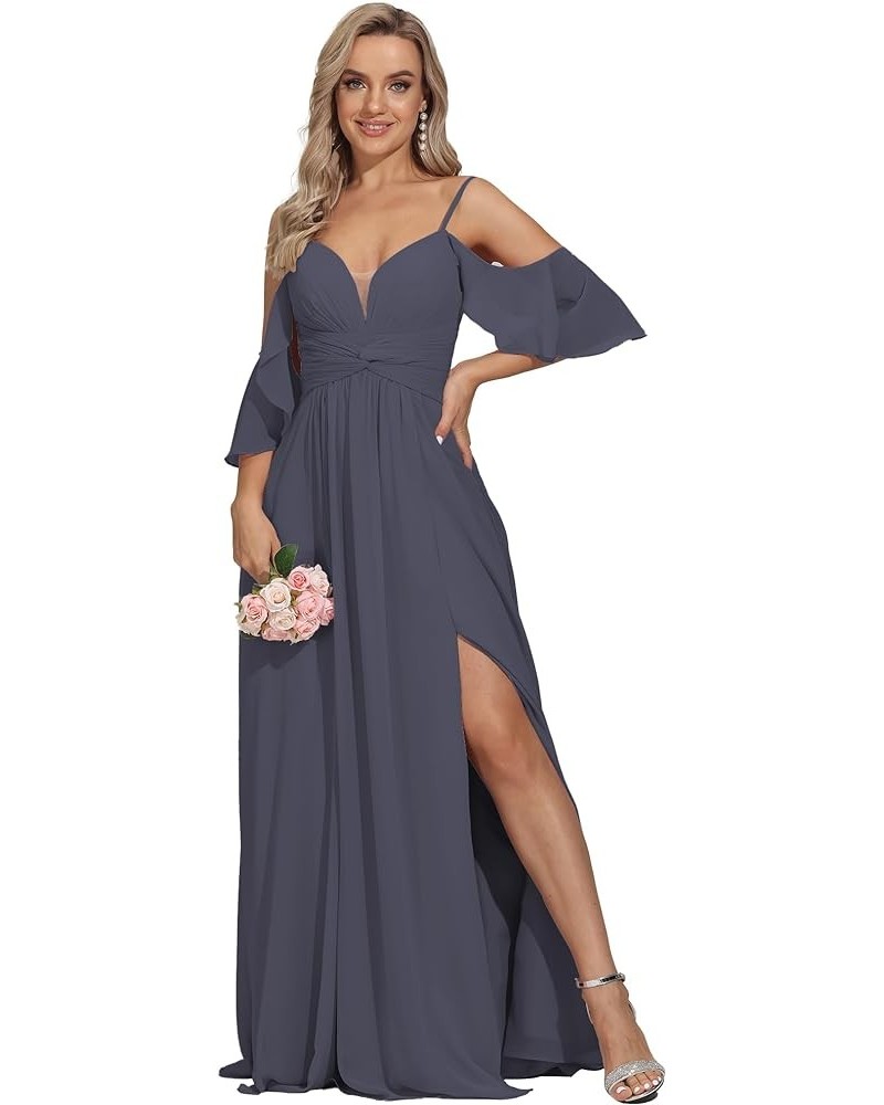 Off The Shoulder Bridesmaid Dresses Long Pleated Chiffon Formal Dress for Women with Slit Stormy Blue $31.02 Dresses