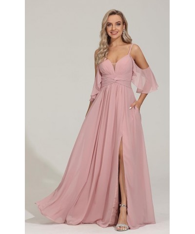 Off The Shoulder Bridesmaid Dresses Long Pleated Chiffon Formal Dress for Women with Slit Stormy Blue $31.02 Dresses