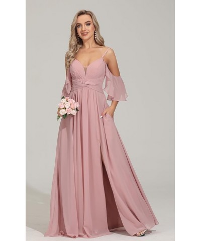 Off The Shoulder Bridesmaid Dresses Long Pleated Chiffon Formal Dress for Women with Slit Stormy Blue $31.02 Dresses