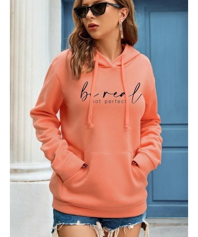 Women's Letter Graphic Print Long Sleeve Drawstring Hoodie Pullovers Sweatshirts with Pocket Coral Orange $13.49 Hoodies & Sw...