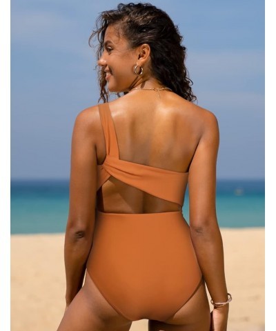 Women's One Piece Swimsuits One Shoulder Swimwear Ruched Tummy Control Bathing Suits Cutout Monokini Apricot Orange $20.90 Sw...