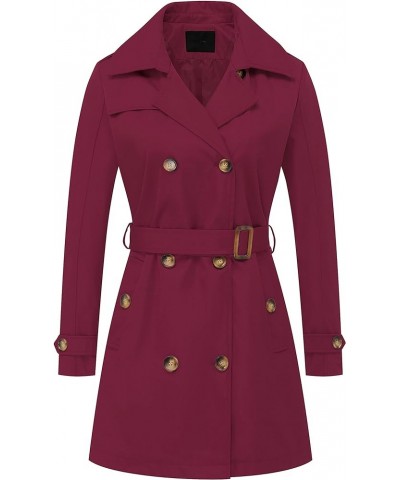 Women's Double Breasted Trench Coats Mid-Length Belted Overcoat Long Dress Jacket with Detachable Hood Wine Red $33.14 Coats