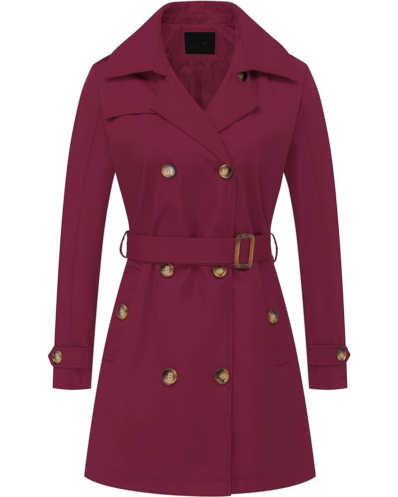 Women's Double Breasted Trench Coats Mid-Length Belted Overcoat Long Dress Jacket with Detachable Hood Wine Red $33.14 Coats