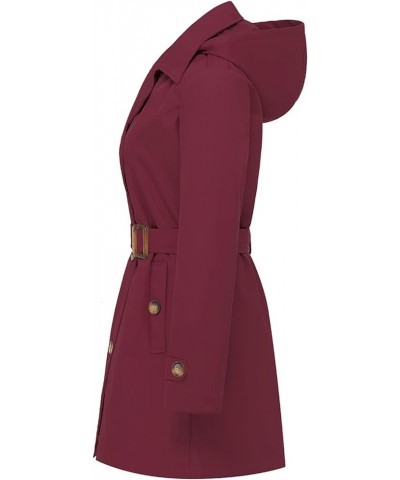 Women's Double Breasted Trench Coats Mid-Length Belted Overcoat Long Dress Jacket with Detachable Hood Wine Red $33.14 Coats