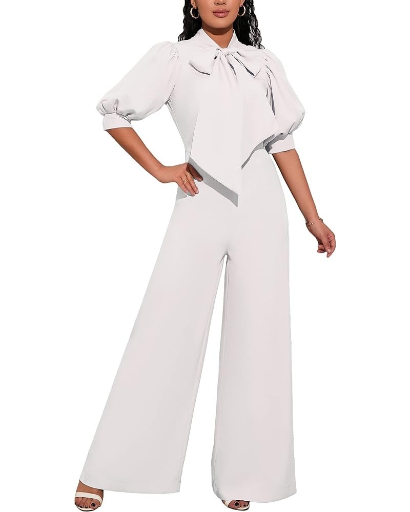 Bowknot Full Length Women's Jumpsuit Puff Sleeve High Waist Wide Legs Woman Romper White $21.15 Jumpsuits