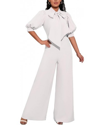 Bowknot Full Length Women's Jumpsuit Puff Sleeve High Waist Wide Legs Woman Romper White $21.15 Jumpsuits