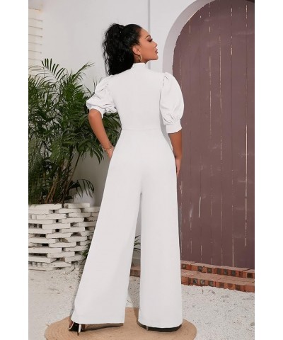 Bowknot Full Length Women's Jumpsuit Puff Sleeve High Waist Wide Legs Woman Romper White $21.15 Jumpsuits