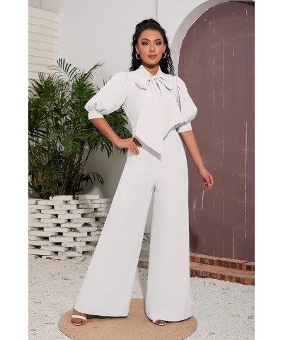 Bowknot Full Length Women's Jumpsuit Puff Sleeve High Waist Wide Legs Woman Romper White $21.15 Jumpsuits