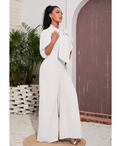 Bowknot Full Length Women's Jumpsuit Puff Sleeve High Waist Wide Legs Woman Romper White $21.15 Jumpsuits