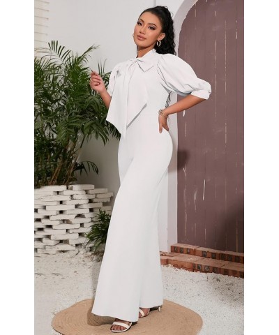 Bowknot Full Length Women's Jumpsuit Puff Sleeve High Waist Wide Legs Woman Romper White $21.15 Jumpsuits