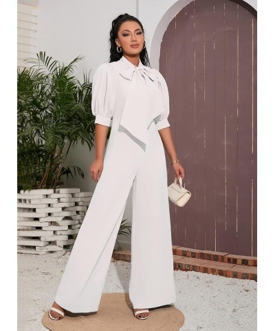 Bowknot Full Length Women's Jumpsuit Puff Sleeve High Waist Wide Legs Woman Romper White $21.15 Jumpsuits