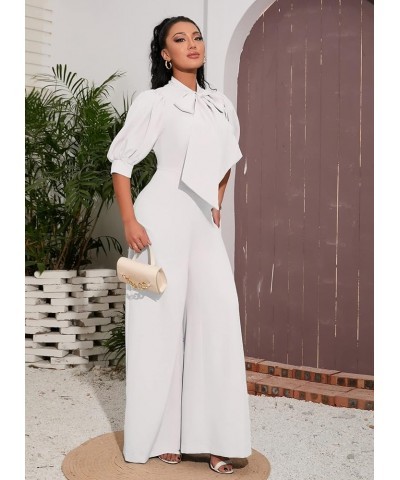 Bowknot Full Length Women's Jumpsuit Puff Sleeve High Waist Wide Legs Woman Romper White $21.15 Jumpsuits