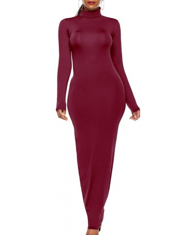 Women's Turtleneck Long Sleeve Plain Maxi Dresses Party Bodycon Long Pencil Dresses Wine Red $10.82 Dresses