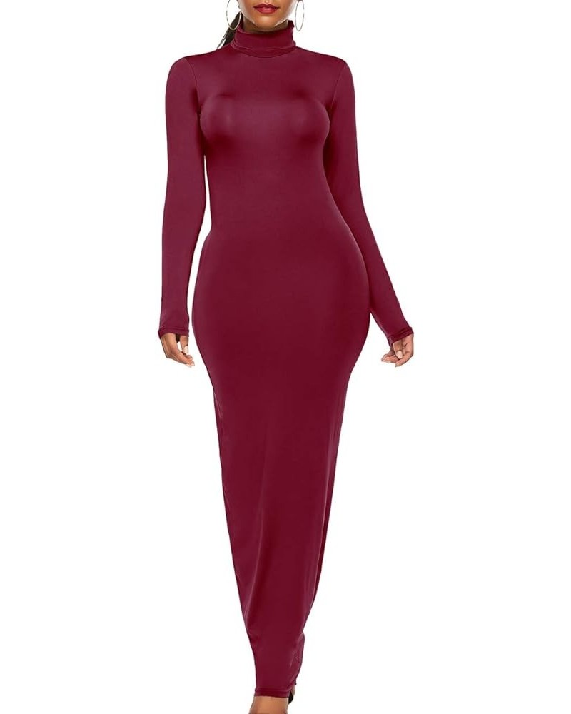 Women's Turtleneck Long Sleeve Plain Maxi Dresses Party Bodycon Long Pencil Dresses Wine Red $10.82 Dresses