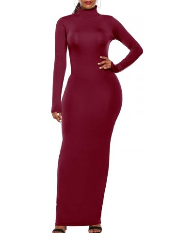 Women's Turtleneck Long Sleeve Plain Maxi Dresses Party Bodycon Long Pencil Dresses Wine Red $10.82 Dresses