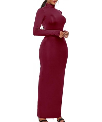 Women's Turtleneck Long Sleeve Plain Maxi Dresses Party Bodycon Long Pencil Dresses Wine Red $10.82 Dresses