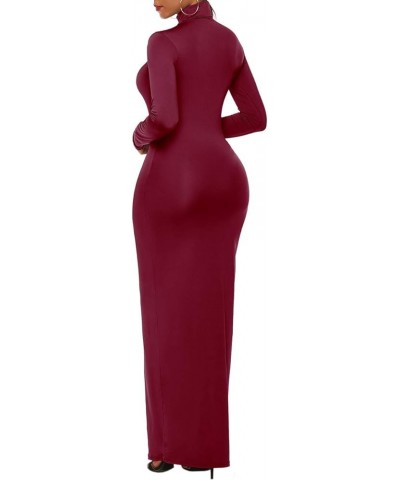 Women's Turtleneck Long Sleeve Plain Maxi Dresses Party Bodycon Long Pencil Dresses Wine Red $10.82 Dresses