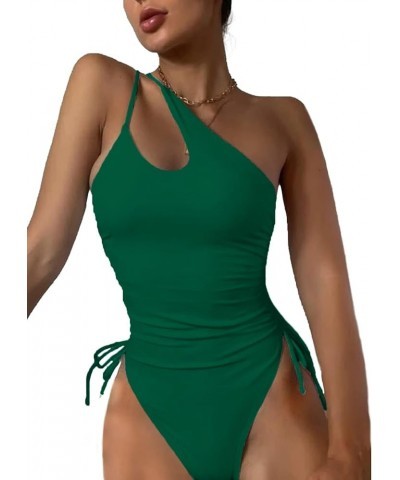 Sexy One Shoulder Tummy Control Ruched Swimsuit High Cut Brazilian Bathing Suit 1 Piece Dark Green $11.27 Swimsuits