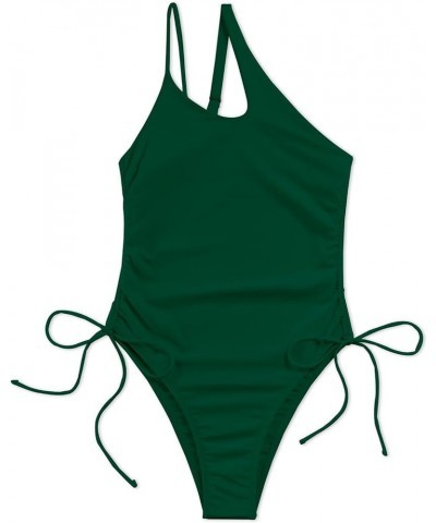 Sexy One Shoulder Tummy Control Ruched Swimsuit High Cut Brazilian Bathing Suit 1 Piece Dark Green $11.27 Swimsuits