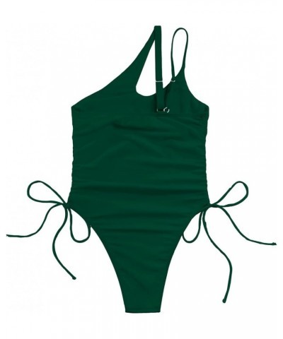 Sexy One Shoulder Tummy Control Ruched Swimsuit High Cut Brazilian Bathing Suit 1 Piece Dark Green $11.27 Swimsuits