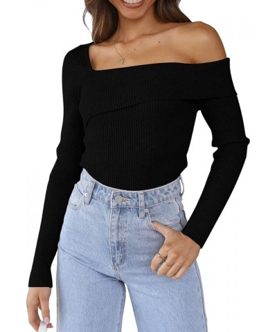 Womens Off Shoulder Sweaters 2024 Fall Long Sleeve Knitted Lightweight Going Out Pullover Sweater Tops Black $21.83 Sweaters