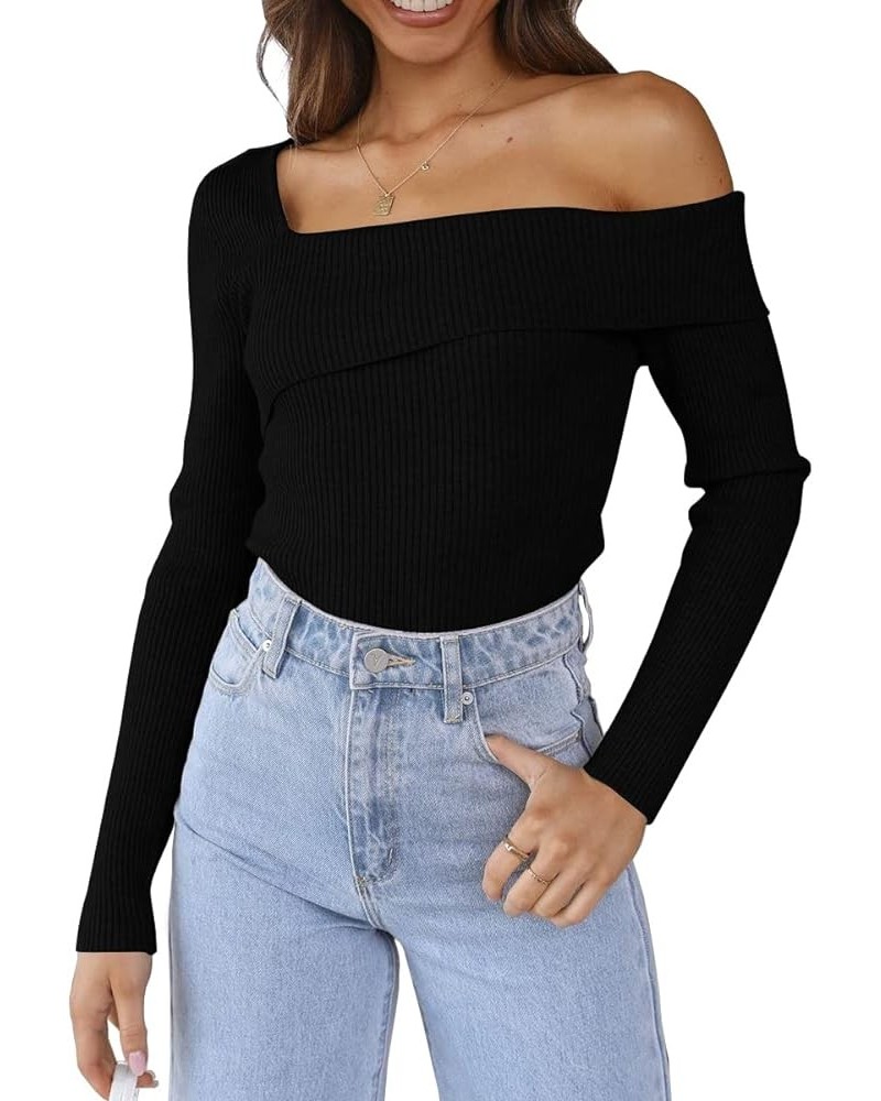 Womens Off Shoulder Sweaters 2024 Fall Long Sleeve Knitted Lightweight Going Out Pullover Sweater Tops Black $21.83 Sweaters