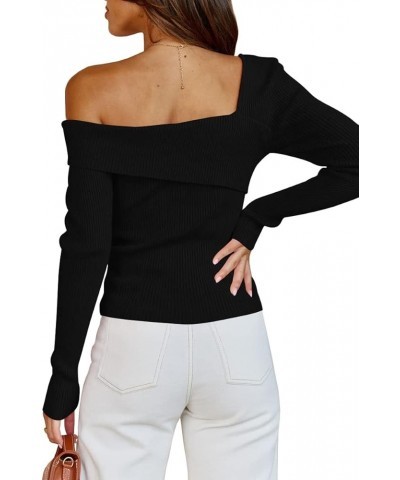 Womens Off Shoulder Sweaters 2024 Fall Long Sleeve Knitted Lightweight Going Out Pullover Sweater Tops Black $21.83 Sweaters