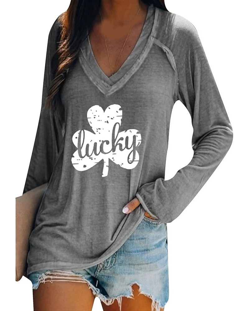 Women's St. Patricks Day V Neck Shirt Irish Shamrock Print Sweatshirt Clover Print Long Sleeve Pullover Tops Plus Size Lucky ...