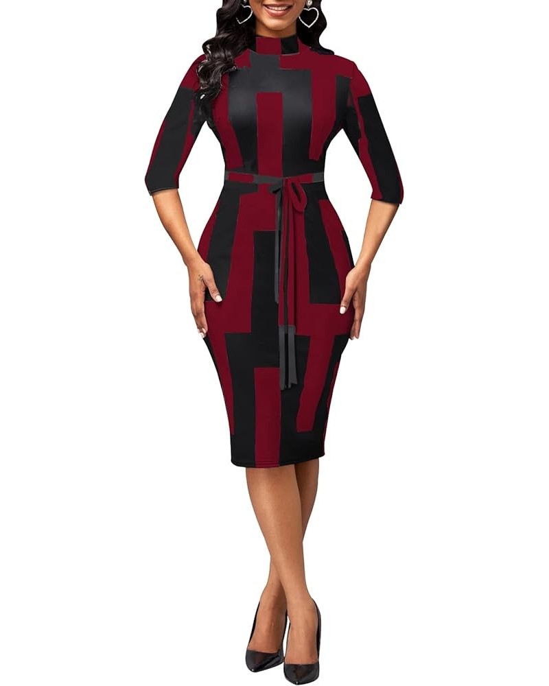 Womes Printted Bodycon 3/4 Sleeve Church Business Midi Pencil Dress with Belt 11904burgundy $17.22 Dresses