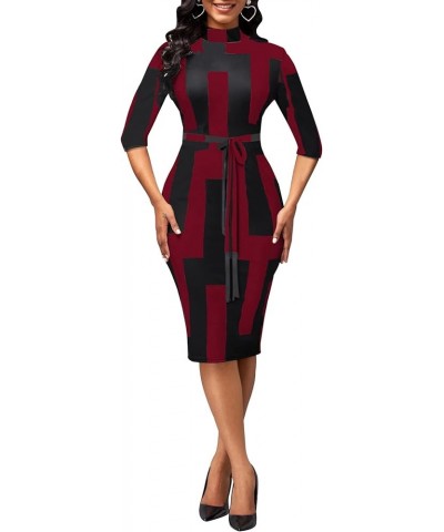 Womes Printted Bodycon 3/4 Sleeve Church Business Midi Pencil Dress with Belt 11904burgundy $17.22 Dresses