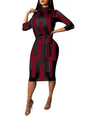 Womes Printted Bodycon 3/4 Sleeve Church Business Midi Pencil Dress with Belt 11904burgundy $17.22 Dresses