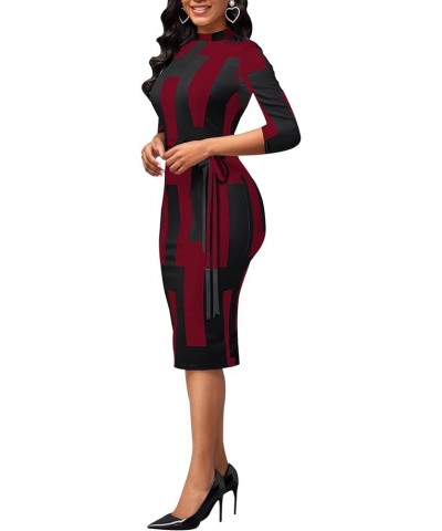 Womes Printted Bodycon 3/4 Sleeve Church Business Midi Pencil Dress with Belt 11904burgundy $17.22 Dresses