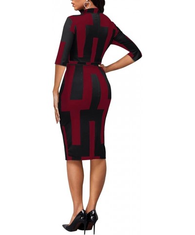 Womes Printted Bodycon 3/4 Sleeve Church Business Midi Pencil Dress with Belt 11904burgundy $17.22 Dresses