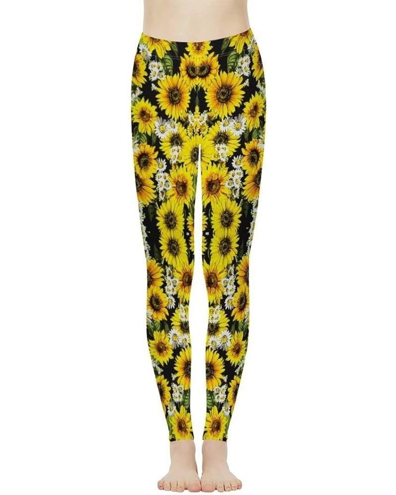 Sunflower Print Long Women Yoga Leggings High Waist Tummy Control Yoga Pants White Yellow Sunflowers $10.00 Leggings