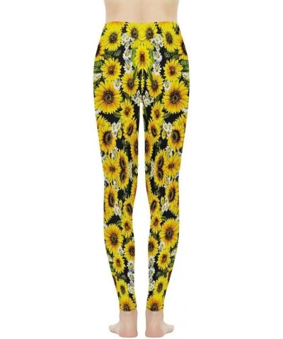 Sunflower Print Long Women Yoga Leggings High Waist Tummy Control Yoga Pants White Yellow Sunflowers $10.00 Leggings