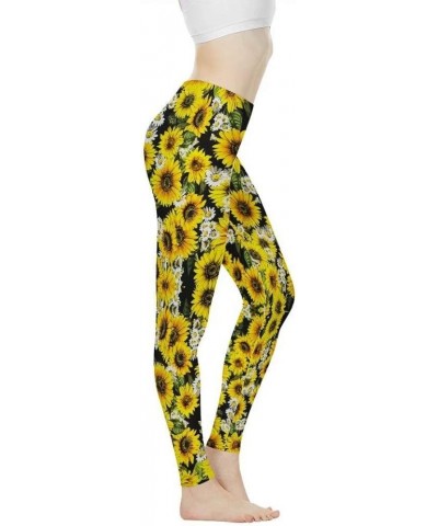 Sunflower Print Long Women Yoga Leggings High Waist Tummy Control Yoga Pants White Yellow Sunflowers $10.00 Leggings