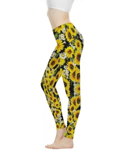 Sunflower Print Long Women Yoga Leggings High Waist Tummy Control Yoga Pants White Yellow Sunflowers $10.00 Leggings