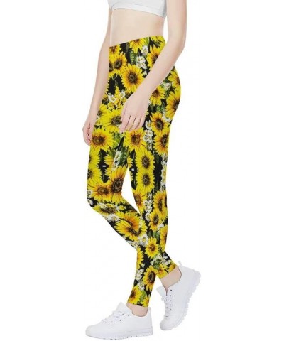 Sunflower Print Long Women Yoga Leggings High Waist Tummy Control Yoga Pants White Yellow Sunflowers $10.00 Leggings