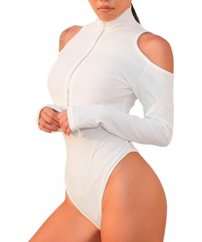 Women's Sexy Long Sleeve Bodysuit Cold Shoulder Front Zip Up Turtleneck Top Bodycon Ribbed Jumpsuit Clubwear White $11.12 Lin...