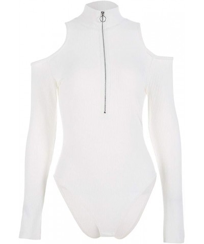 Women's Sexy Long Sleeve Bodysuit Cold Shoulder Front Zip Up Turtleneck Top Bodycon Ribbed Jumpsuit Clubwear White $11.12 Lin...