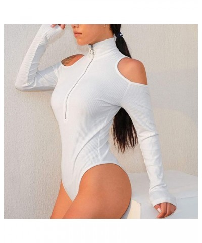 Women's Sexy Long Sleeve Bodysuit Cold Shoulder Front Zip Up Turtleneck Top Bodycon Ribbed Jumpsuit Clubwear White $11.12 Lin...