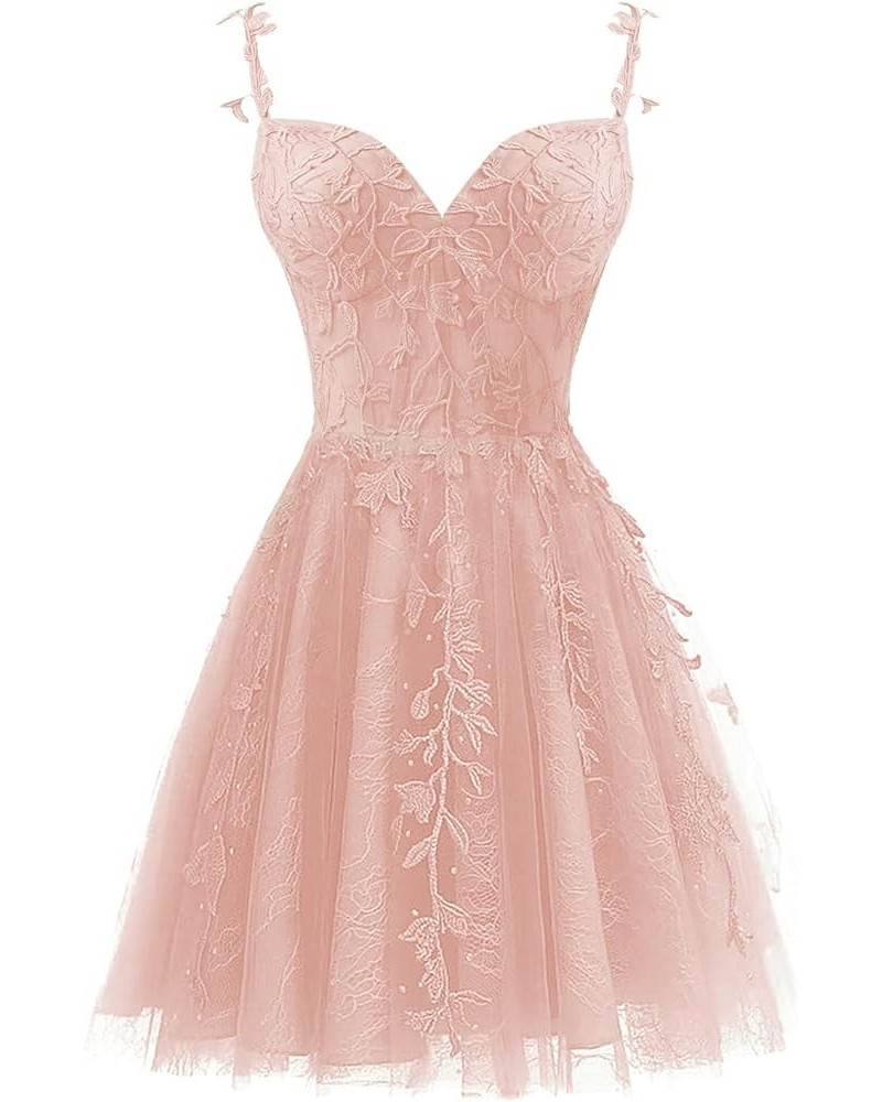 Tulle Homecoming Dresses for Teens 2023 Spaghetti Strap Lace Applique Short Prom Dress Mini Cocktail Gown Blush Pink $30.74 D...