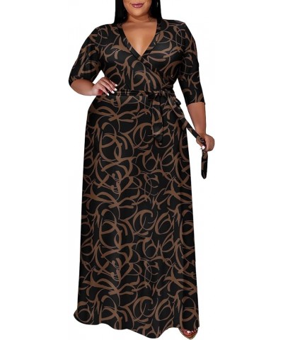 Plus Size Dresses for Women Floral Maxi Dress Flowy 3/4 Sleeve with Belt Brown Pattern $21.10 Dresses