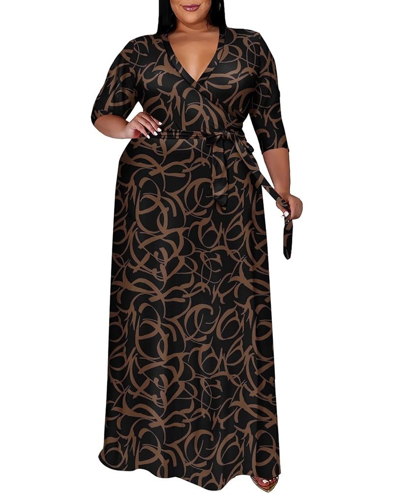 Plus Size Dresses for Women Floral Maxi Dress Flowy 3/4 Sleeve with Belt Brown Pattern $21.10 Dresses