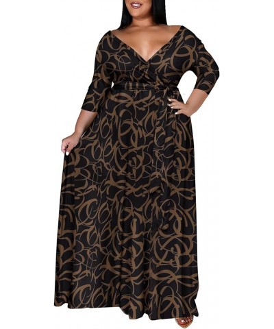 Plus Size Dresses for Women Floral Maxi Dress Flowy 3/4 Sleeve with Belt Brown Pattern $21.10 Dresses