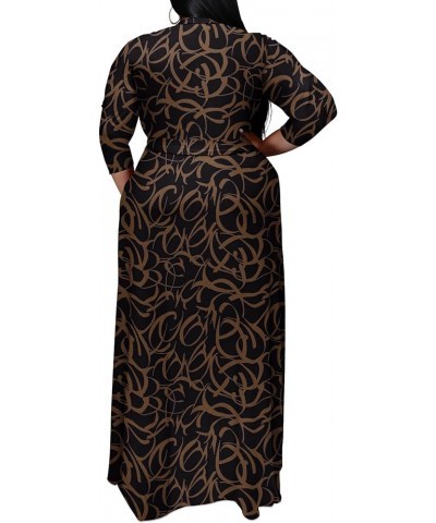 Plus Size Dresses for Women Floral Maxi Dress Flowy 3/4 Sleeve with Belt Brown Pattern $21.10 Dresses