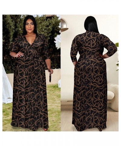 Plus Size Dresses for Women Floral Maxi Dress Flowy 3/4 Sleeve with Belt Brown Pattern $21.10 Dresses