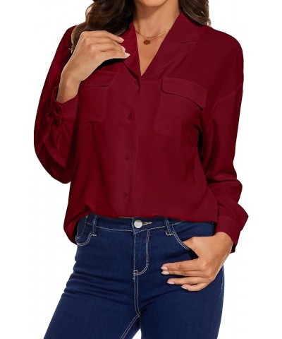 Womens Button Down Shirts Long Sleeve Casual Chiffon Blouses Loose Pleated Collared Work Office Tops Wine Shirts $13.76 Blouses